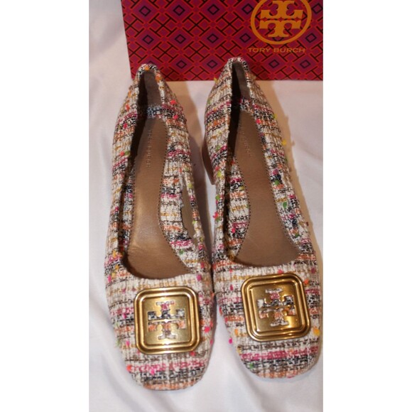 Tory Burch Georgia Pumps Pink Multi Tweed Women' Heels Logo Medallion NEW SZ 8 - Picture 5 of 6